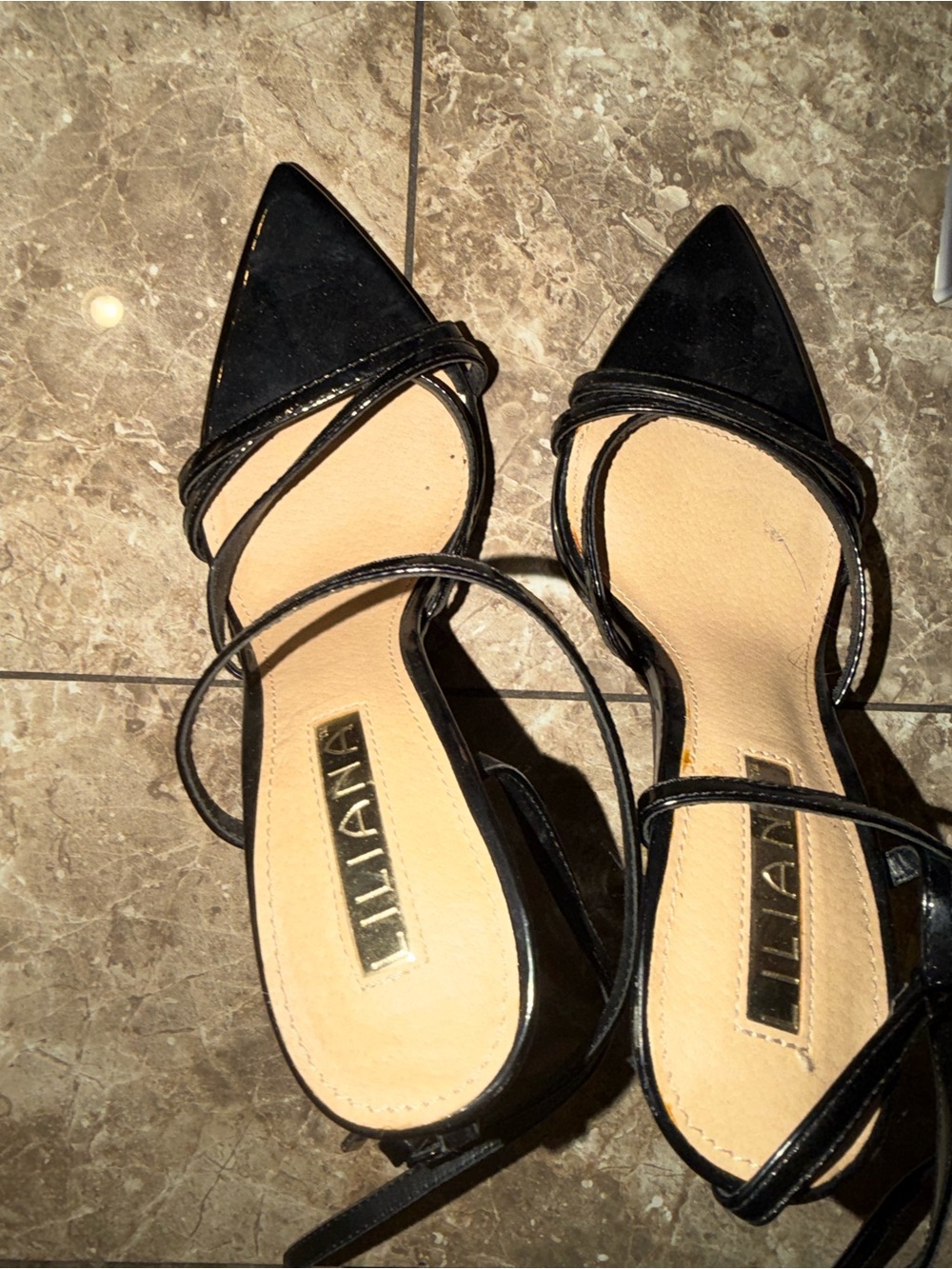 Liliana Black Patent Pointed Toe Ankle-Strap Heels